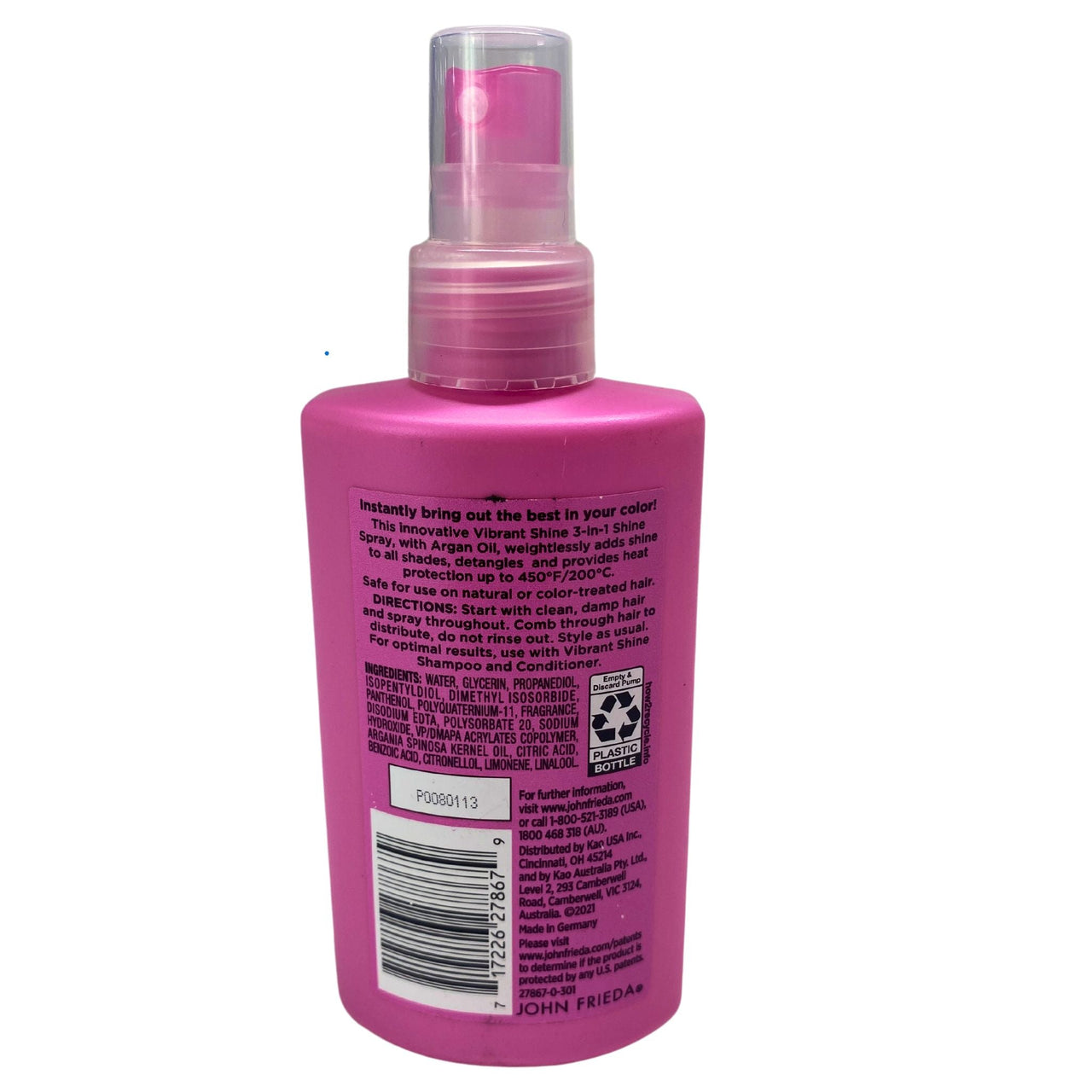 John Frieda Vibrant Shine Spray 3 en 1 Brillo brillante + Desenredante + Protección contra el calor Libre de silicona y parabenos 5.0 FL OZ (Lote de 50 piezas)