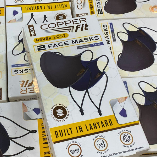 COPPERfit Never Lost 2 Face Masks 1 Charcoal & 1 Blue Buillt In Lanyard