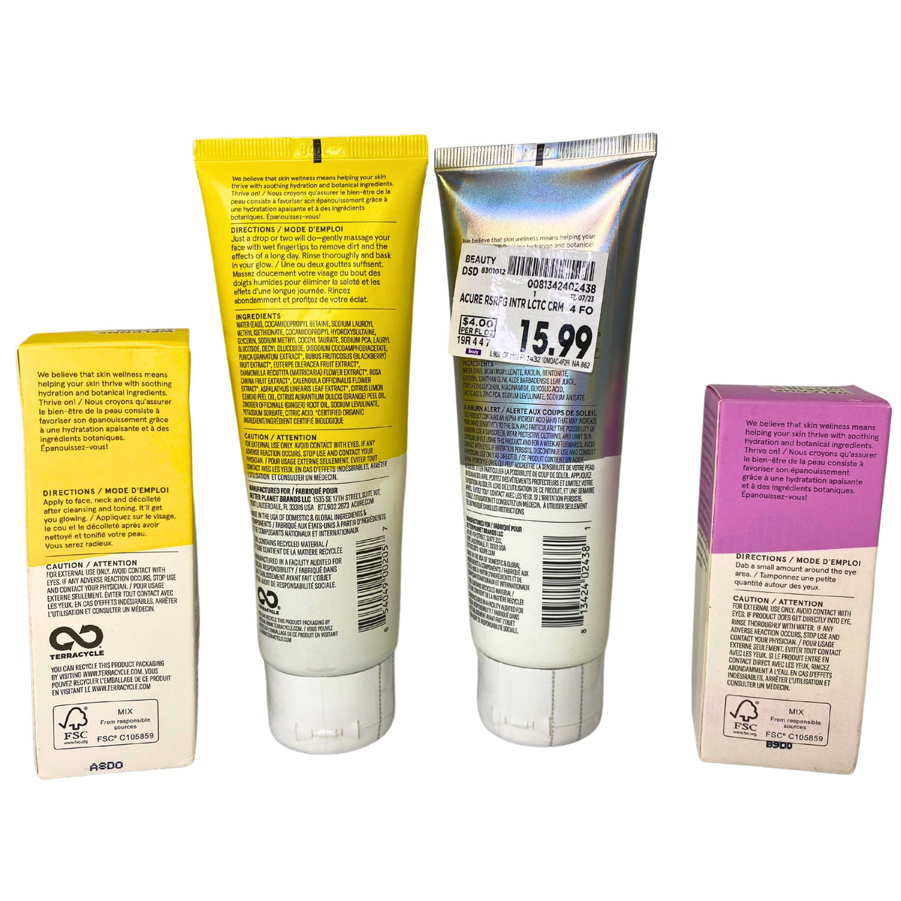 Acure Skincare Assorted Mix includes Brightening Day Cream , Eye Cream , Exfoliator