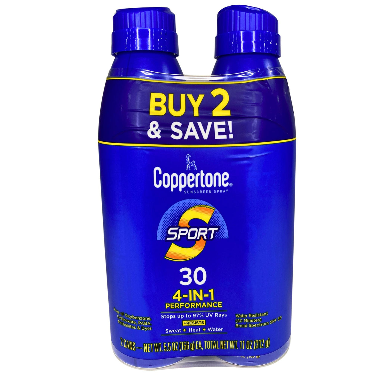 Coppertone Protector solar en aerosol Sport 30 4 en 1 Performance PAQUETE DOBLE SPF 30 Peso neto total 11 OZ (lote de 72 piezas)