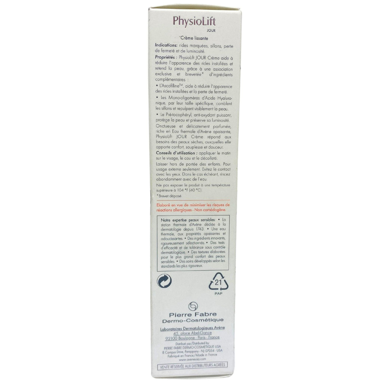 Avene Physiolift Day Smoothing Cream for dry sensitive skin 1.0oz (50 Pcs Lot) - Discount Wholesalers Inc